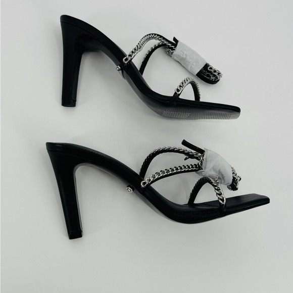 Rebecca Minkoff Edie Chain Strappy Black Heels Size 7.5 Leather Square Toe - Picture 3 of 11